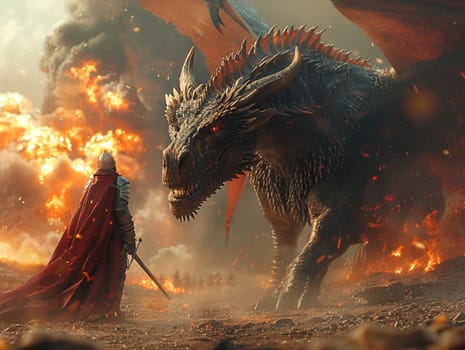 Dragon and knight epic battle scene, digitally created image with explosive action and fine detail.