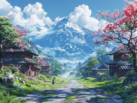 Digitally created image of a peaceful village, blending anime charm with realistic textures.