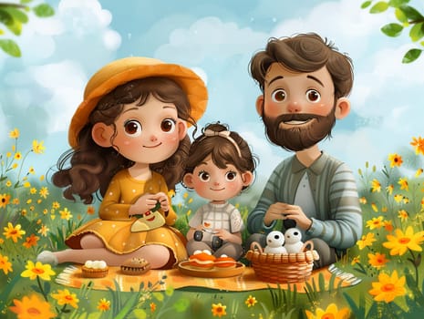 Cartoon family enjoying a picnic, designed with vibrant colors and joyful expressions.