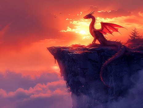 Dragon perched atop a craggy cliff at sunset, digitally created image with stunning colors and dramatic silhouette.