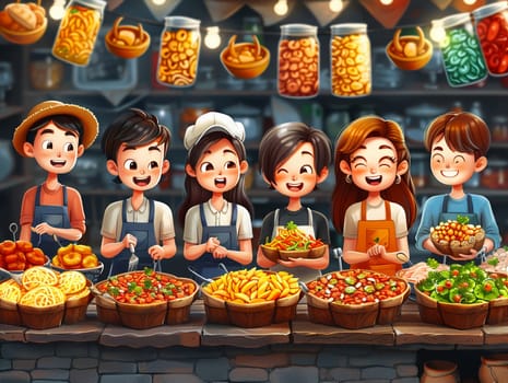 Food festival in cartoon style, designed with cute stock illustrations of delicious dishes and happy visitors.