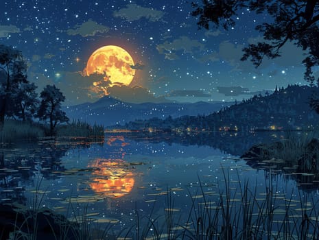 Starlit night over a tranquil lake, surface illustration capturing peace and natural beauty.