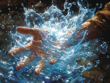Water magic spell being cast, illustration capturing the fluid motion and mystical energy.