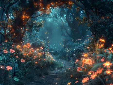 Digitally created whimsical forest scene in Photoshop, featuring magical creatures and glowing flora.