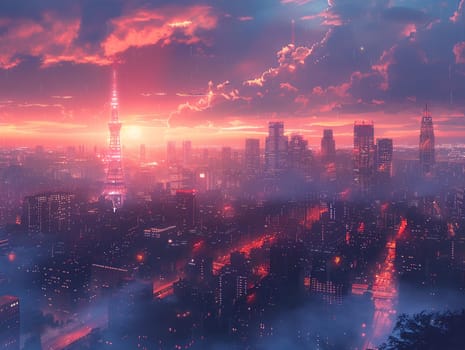 Digital skyline at dusk, merging realism with futuristic anime aesthetics.
