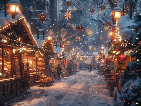 Christmas market bustling with anime-style characters, featuring festive stalls and holiday lights.