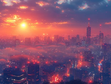 Digital skyline at dusk, merging realism with futuristic anime aesthetics.