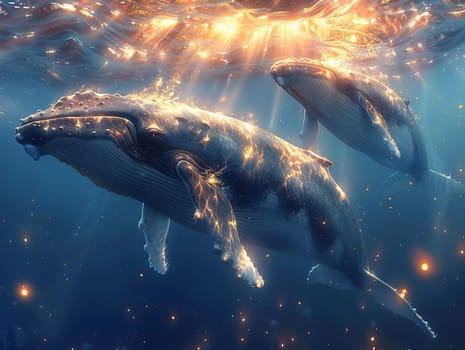 Whale migration under the ocean, beautifully illustrated in an anime style with light filtering through the water.