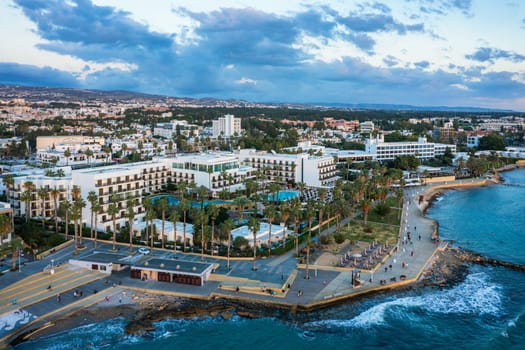 View of the town of Paphos in Cyprus. Paphos is known as the center of ancient history and culture of the island. View of embankment at Paphos Harbour, Cyprus.