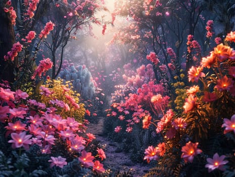 Flower garden at night, illuminated by bioluminescent plants in a magical illustration.