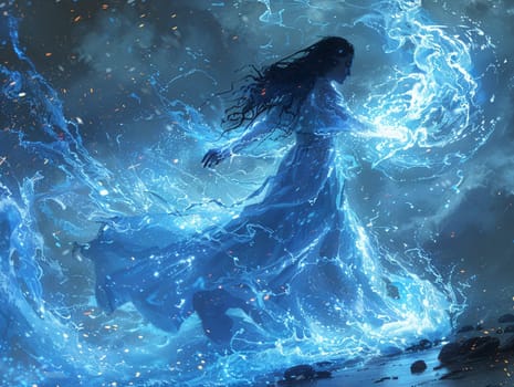 Water magic spell being cast, illustration capturing the fluid motion and mystical energy.