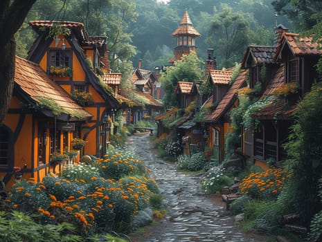 Digitally created image of a peaceful village, blending anime charm with realistic textures.