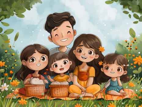 Cartoon family enjoying a picnic, designed with vibrant colors and joyful expressions.