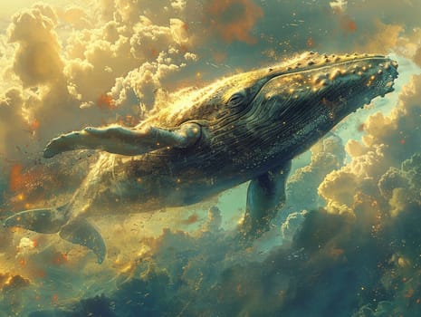 Whale soaring through a cloud-filled sky, reimagining nature in a fantastical illustration.