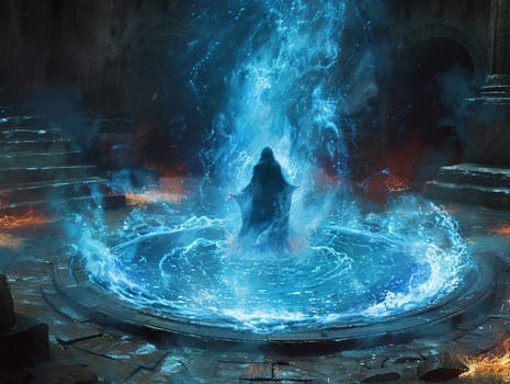 Water magic spell being cast, illustration capturing the fluid motion and mystical energy.