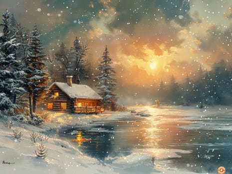 Illustration of a cozy winter cabin in acrylics, drawing attention to the warmth and solitude in a snowy landscape.