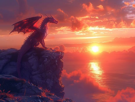 Dragon perched atop a craggy cliff at sunset, digitally created image with stunning colors and dramatic silhouette.