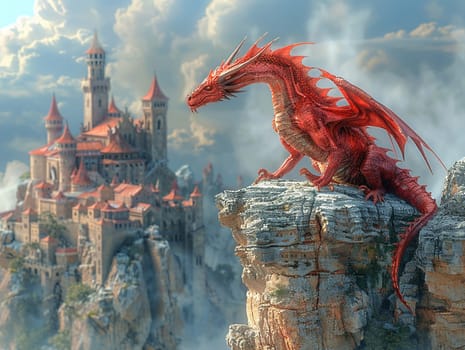 Dragon perched atop a castle, blending 3D style with traditional fantasy illustration.