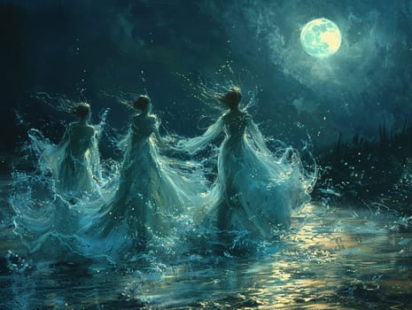 Water sprites dancing in a moonlit pool, digital art with ethereal figures and shimmering effects.