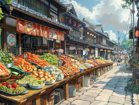 Food market bustling with anime characters, showcasing a variety of illustrated culinary delights.