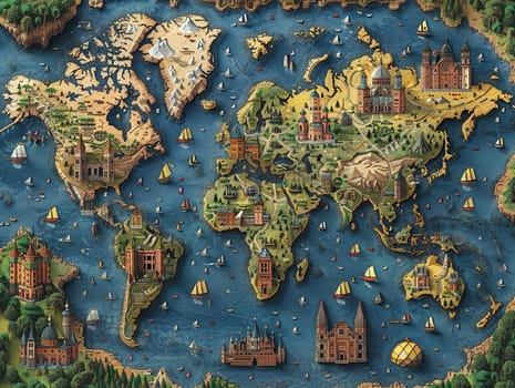 World map in a unique digital art style, creatively highlighting different cultures and landmarks.