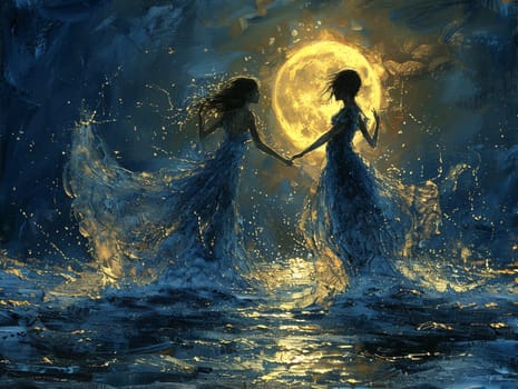 Water sprites dancing in a moonlit pool, digital art with ethereal figures and shimmering effects.