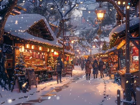 Christmas market bustling with anime-style characters, featuring festive stalls and holiday lights.