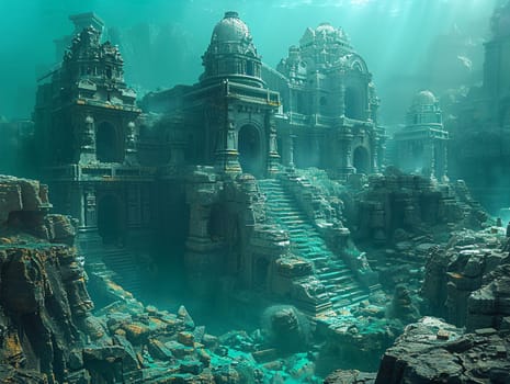 Map exploring the lost city of Atlantis, digitally illustrated with mysterious underwater structures.