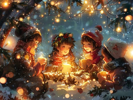 Christmas scene illustration with anime characters enjoying a festive celebration under snowfall