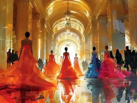 Fashion show runway in a grand palace, illustration with elegant models and exquisite dresses.