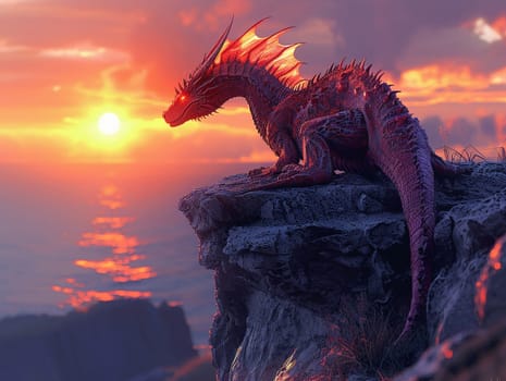 Dragon perched atop a craggy cliff at sunset, digitally created image with stunning colors and dramatic silhouette.