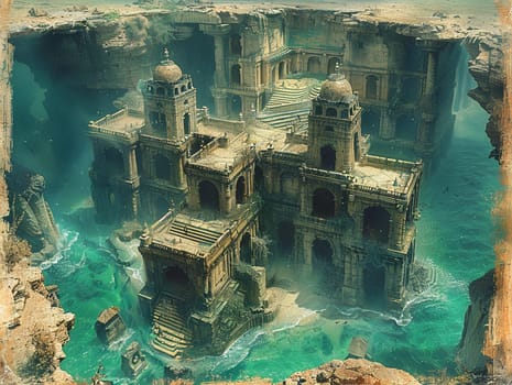 Map exploring the lost city of Atlantis, digitally illustrated with mysterious underwater structures.