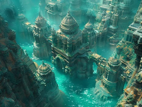 Map exploring the lost city of Atlantis, digitally illustrated with mysterious underwater structures.