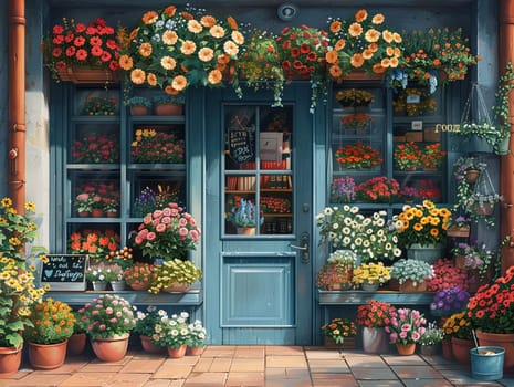 Flower shop on a sunny day, illustration with a welcoming vibe and a rainbow of colors.