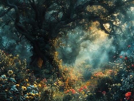 Photoshop creation of an enchanted forest, filled with whimsical creatures and foliage.