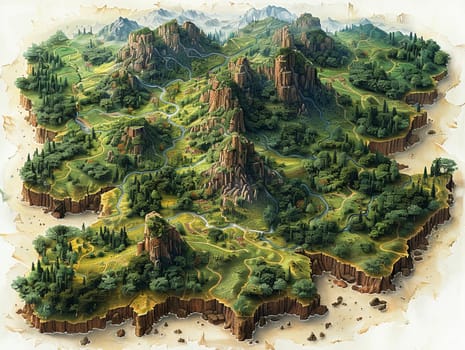 Map of a fictional world with diverse biomes, digital art inviting exploration and storytelling.
