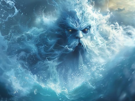 Water elemental creature, emerging from the sea in a stunning 3D illustrated style.