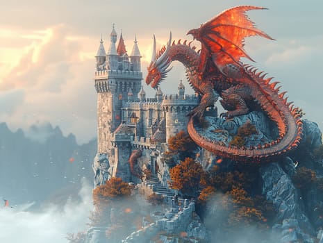 Dragon perched atop a castle, blending 3D style with traditional fantasy illustration.