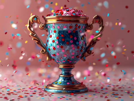 Sport championship trophy being lifted, illustration in 3D style with realistic textures and celebratory confetti.