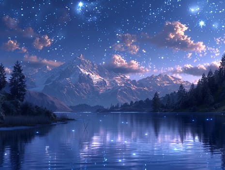 Starlit night over a tranquil lake, surface illustration capturing peace and natural beauty.