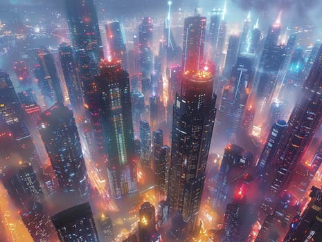 Illustration of a futuristic cityscape in anime style, with vibrant lights and towering skyscrapers.