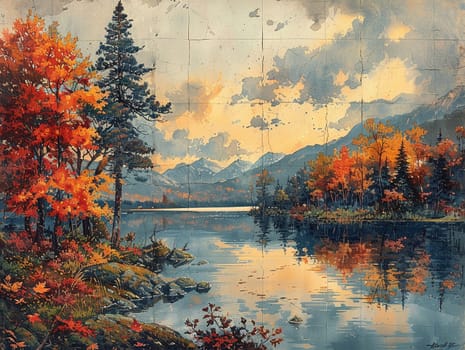 Drawing of a serene lakeside view, beautifully rendered in acrylics with reflections in the water.