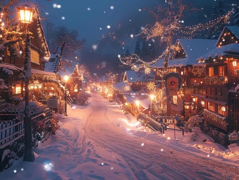 Christmas scene in a cozy anime town, filled with warmth, lights, and holiday spirit.