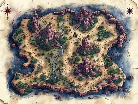 Map of a treasure island in a creative digital art style, with X marking the spot and adventurous trails.