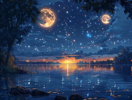 Starlit night over a tranquil lake, surface illustration capturing peace and natural beauty.