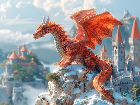 Dragon perched atop a castle, blending 3D style with traditional fantasy illustration.