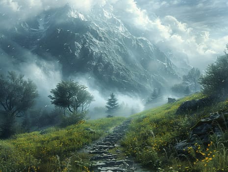 Photoshop montage of a fantasy landscape, blending natural and digital elements.