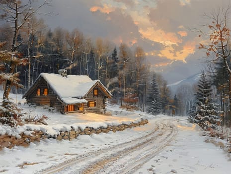 Illustration of a cozy winter cabin in acrylics, drawing attention to the warmth and solitude in a snowy landscape.