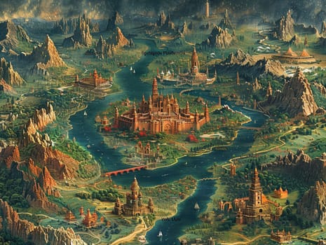 Map of a fictional world, designed with rich details and vibrant colors in digital art form.