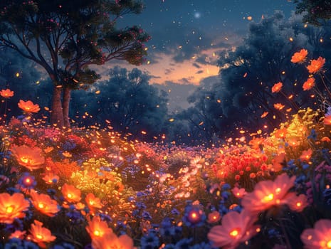 Flower garden at night, illuminated by bioluminescent plants in a magical illustration.